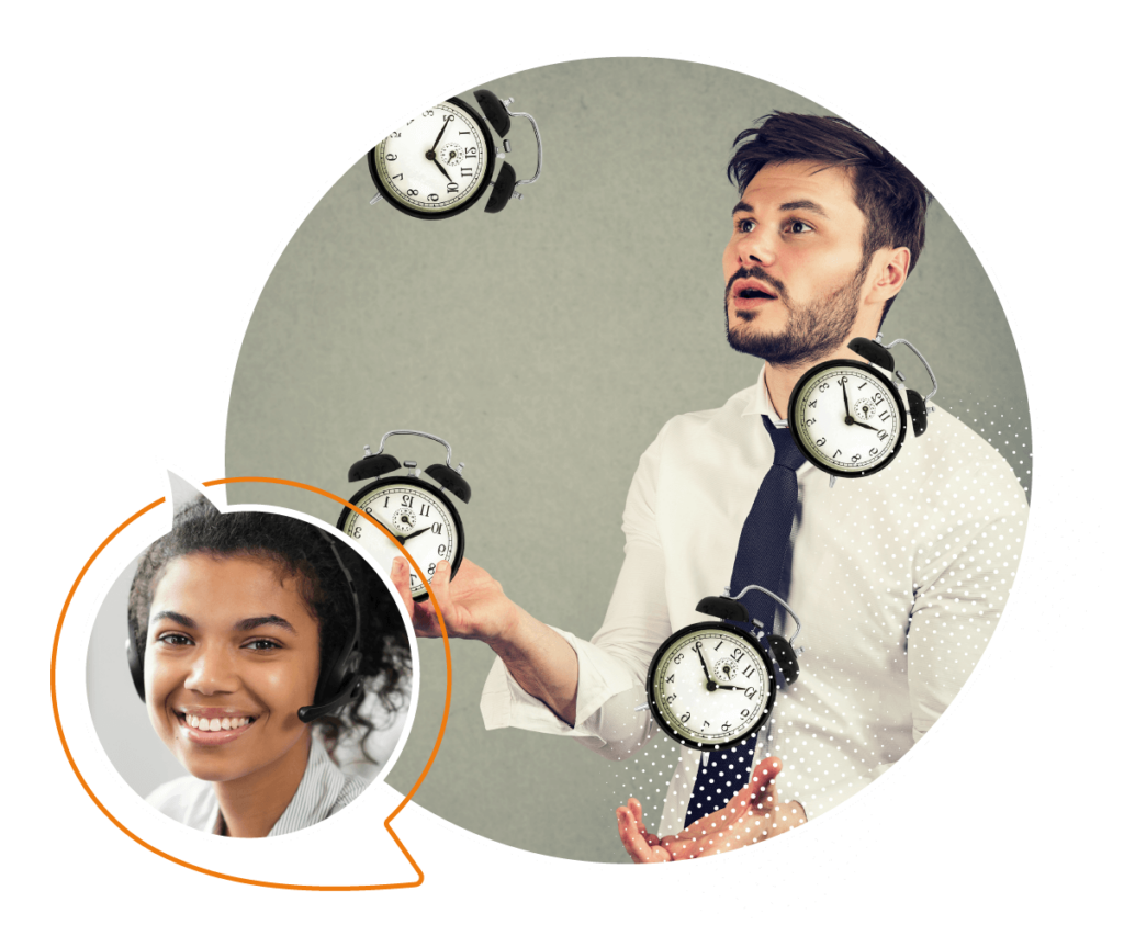 Pressplay receptionist professionals man juggling alarm clocks